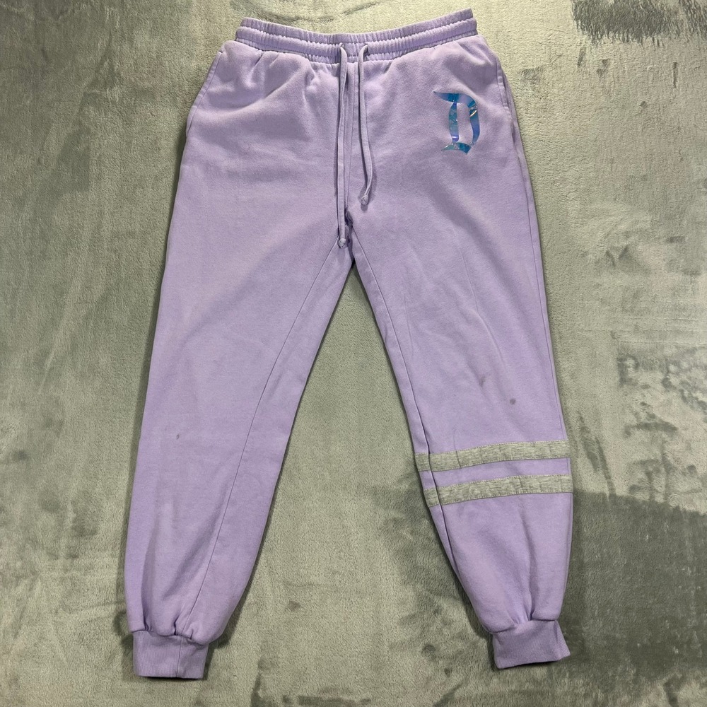 DISNEY Jogger Sweatpants‎ Adult Medium Purple Good Iridescent Logo Stripes Magic